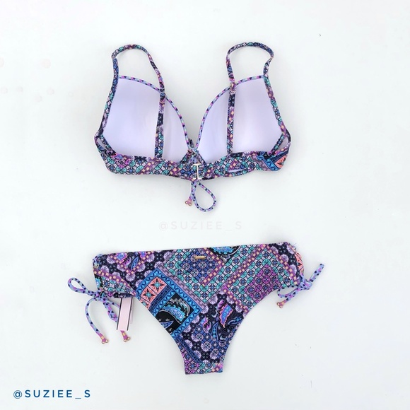 Victoria’s Secret Blue Patchwork Mosaic Print Lace up Bikini Set 34C/S NWT - Picture 3 of 14